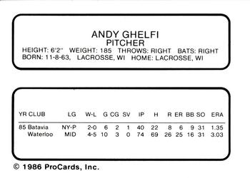 1986 ProCards Waterloo Indians #9 Andy Ghelfi Back