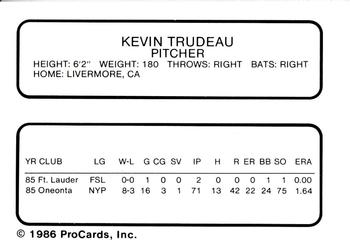 1986 ProCards Waterloo Indians #29 Kevin Trudeau Back