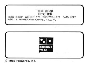 1986 ProCards Watertown Pirates #11 Tim Kirk Back
