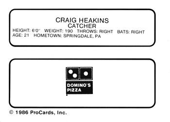 1986 ProCards Watertown Pirates #9 Craig Heakins Back