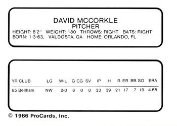 1986 ProCards Wausau Timbers #15 Dave McCorkle Back