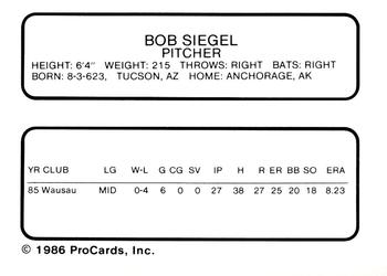 1986 ProCards Wausau Timbers #24 Bob Siegel Back