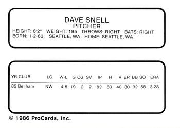 1986 ProCards Wausau Timbers #25 Dave Snell Back