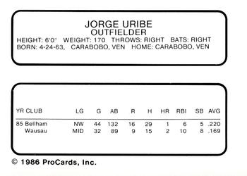 1986 ProCards Wausau Timbers #26 Jorge Uribe Back