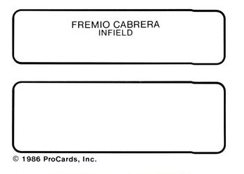 1986 ProCards Wausau Timbers #2 Fremio Cabrera Back