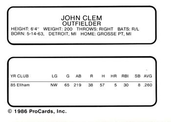 1986 ProCards Wausau Timbers #3 John Clem Back
