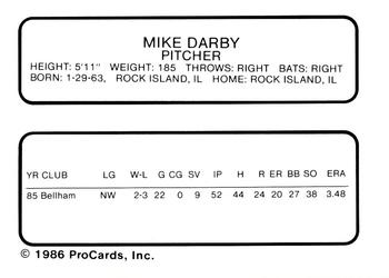1986 ProCards Wausau Timbers #6 Mike Darby Back