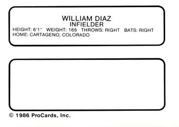 1986 ProCards Wausau Timbers #8 William Diaz Back