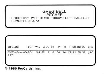 1986 ProCards Winston-Salem Spirits #NNO Greg Bell Back