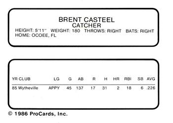 1986 ProCards Winston-Salem Spirits #NNO Brent Casteel Back