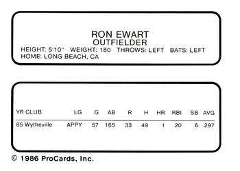 1986 ProCards Winston-Salem Spirits #NNO Ron Ewart Back