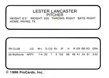 1986 ProCards Winston-Salem Spirits #NNO Les Lancaster Back