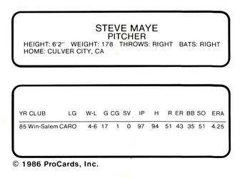1986 ProCards Winston-Salem Spirits #NNO Steve Maye Back