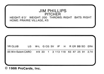 1986 ProCards Winston-Salem Spirits #NNO Jim Phillips Back