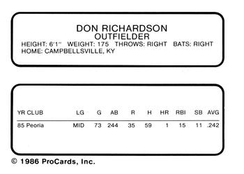 1986 ProCards Winston-Salem Spirits #NNO Don Richardson Back