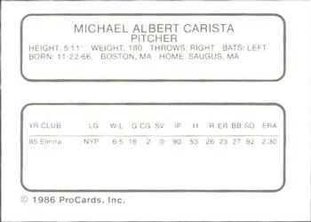1986 ProCards Winter Haven Red Sox #NNO Mike Carista Back