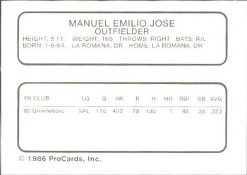 1986 ProCards Winter Haven Red Sox #NNO Manny Jose Back