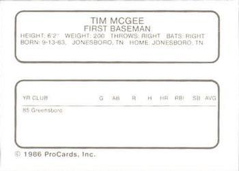 1986 ProCards Winter Haven Red Sox #NNO Tim McGee Back
