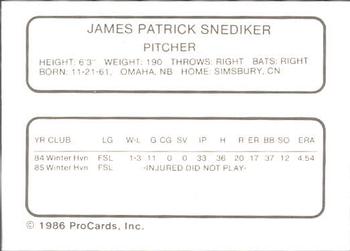 1986 ProCards Winter Haven Red Sox #NNO Jim Snediker Back