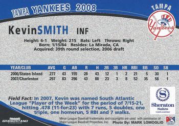 2008 Grandstand Tampa Yankees #29 Kevin Smith Back