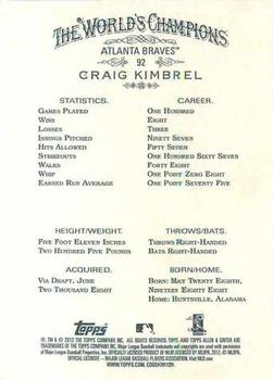 2012 Topps Allen & Ginter #92 Craig Kimbrel Back