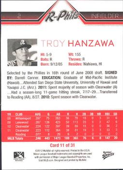 2012 MultiAd Reading Phillies #11 Troy Hanzawa Back