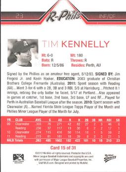 2012 MultiAd Reading Phillies #15 Tim Kennelly Back