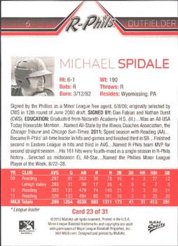 2012 MultiAd Reading Phillies #23 Michael Spidale Back