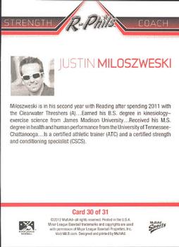 2012 MultiAd Reading Phillies #30 Justin Miloszweski Back