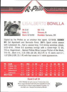 2012 MultiAd Reading Phillies #3 Lisalverto Bonilla Back