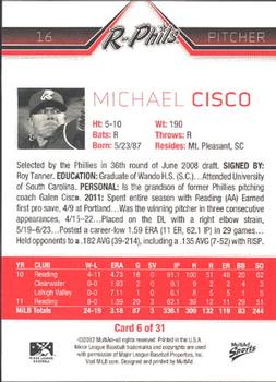 2012 MultiAd Reading Phillies #6 Michael Cisco Back