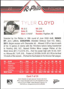 2012 MultiAd Reading Phillies #7 Tyler Cloyd Back