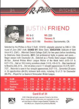 2012 MultiAd Reading Phillies #8 Justin Friend Back