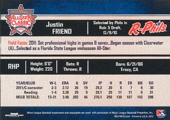 2012 Grandstand Eastern League All-Stars Eastern Division #NNO Justin Friend Back