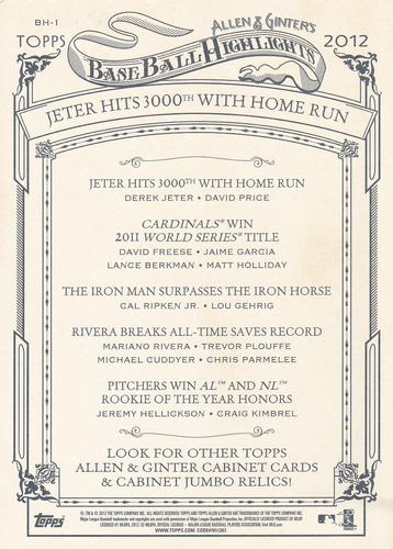 2012 Topps Allen & Ginter - Baseball Highlights Cabinets #BH-1 Derek Jeter / David Price Back