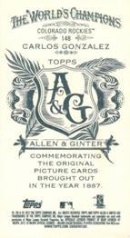 2012 Topps Allen & Ginter - Mini A & G Back #148 Carlos Gonzalez Back