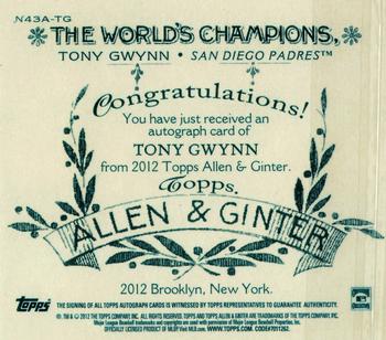 2012 Topps Allen & Ginter - N43 Autographs #N43A-TG Tony Gwynn Back