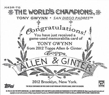 2012 Topps Allen & Ginter - N43 Relics #N43R-TG Tony Gwynn Back