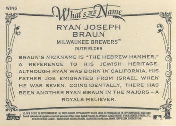 2012 Topps Allen & Ginter - What's in a Name? #WIN6 Ryan Braun Back