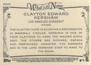 2012 Topps Allen & Ginter - What's in a Name? #WIN34 Clayton Kershaw Back