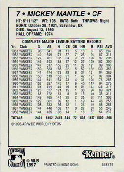 1997 Kenner Starting Lineup Cards Cooperstown Collection #538719 Mickey Mantle Back