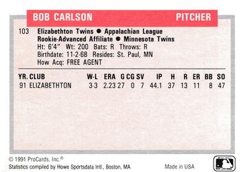 1991-92 ProCards Tomorrow's Heroes #103 Bob Carlson Back