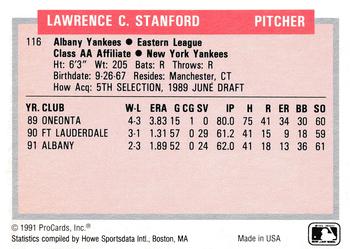 1991-92 ProCards Tomorrow's Heroes #116 Larry Stanford Back