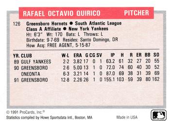 1991-92 ProCards Tomorrow's Heroes #126 Rafael Quirico Back
