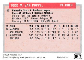 1991-92 ProCards Tomorrow's Heroes #129 Todd Van Poppel Back
