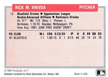 1991-92 ProCards Tomorrow's Heroes #13 Rick Krivda Back