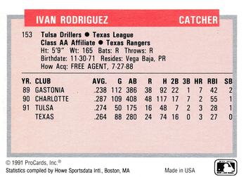 1991-92 ProCards Tomorrow's Heroes #153 Ivan Rodriguez Back
