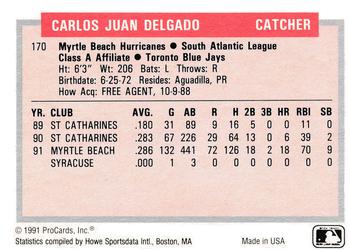 1991-92 ProCards Tomorrow's Heroes #170 Carlos Delgado Back