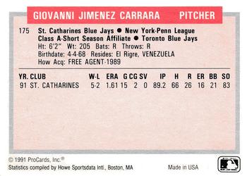 1991-92 ProCards Tomorrow's Heroes #175 Giovanni Carrara Back