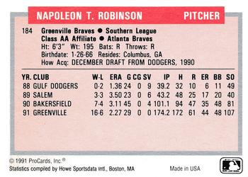 1991-92 ProCards Tomorrow's Heroes #184 Napoleon Robinson Back